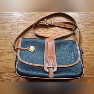 Dooney & Bourke Crossbody Bag, Pebbled Black Leather, Tan Trim And Strap